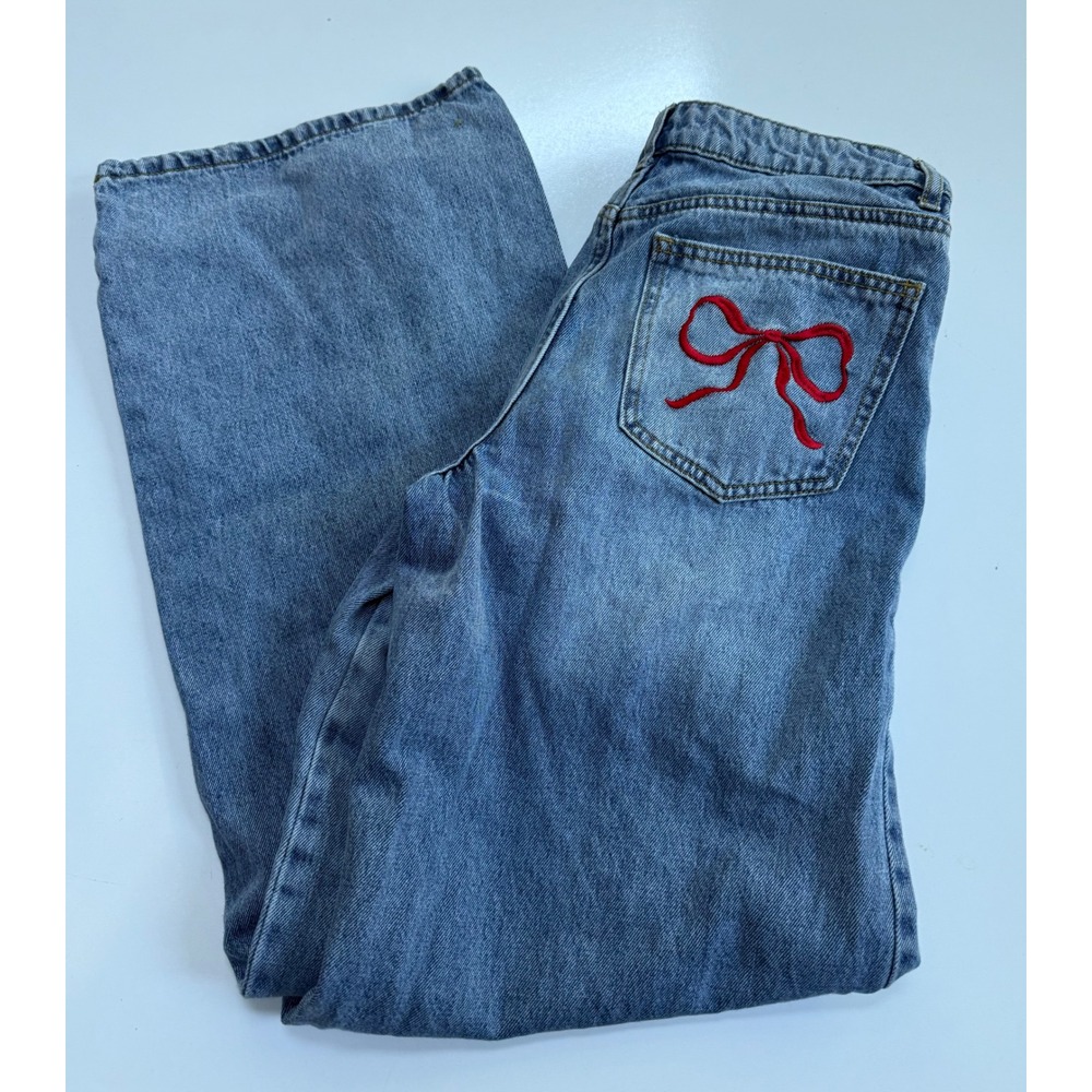 Forever 21 Baggy Jeans Blue Medium Wash Red Bow Embroidered Wide Leg Size 24